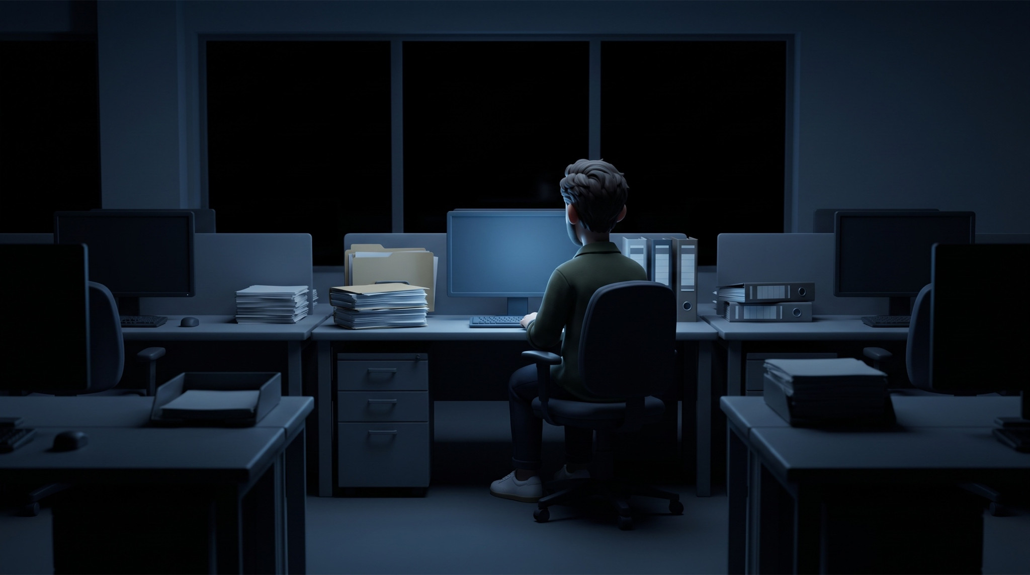 An office at night, one person still working — then the same office at six, empty, in evening light.